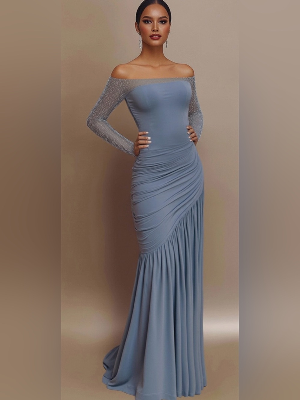 Chiclody Dusty Blue Off Shoulder Ruched Mermaid Maxi Gown NWT Large